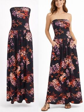 Lascana | Black Floral Strapless Maxi Dress | Viscose Stretch | Size 12